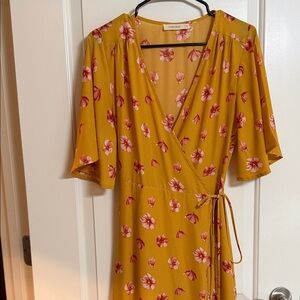 Elegant Mustard Floral Wrap Midi Dress